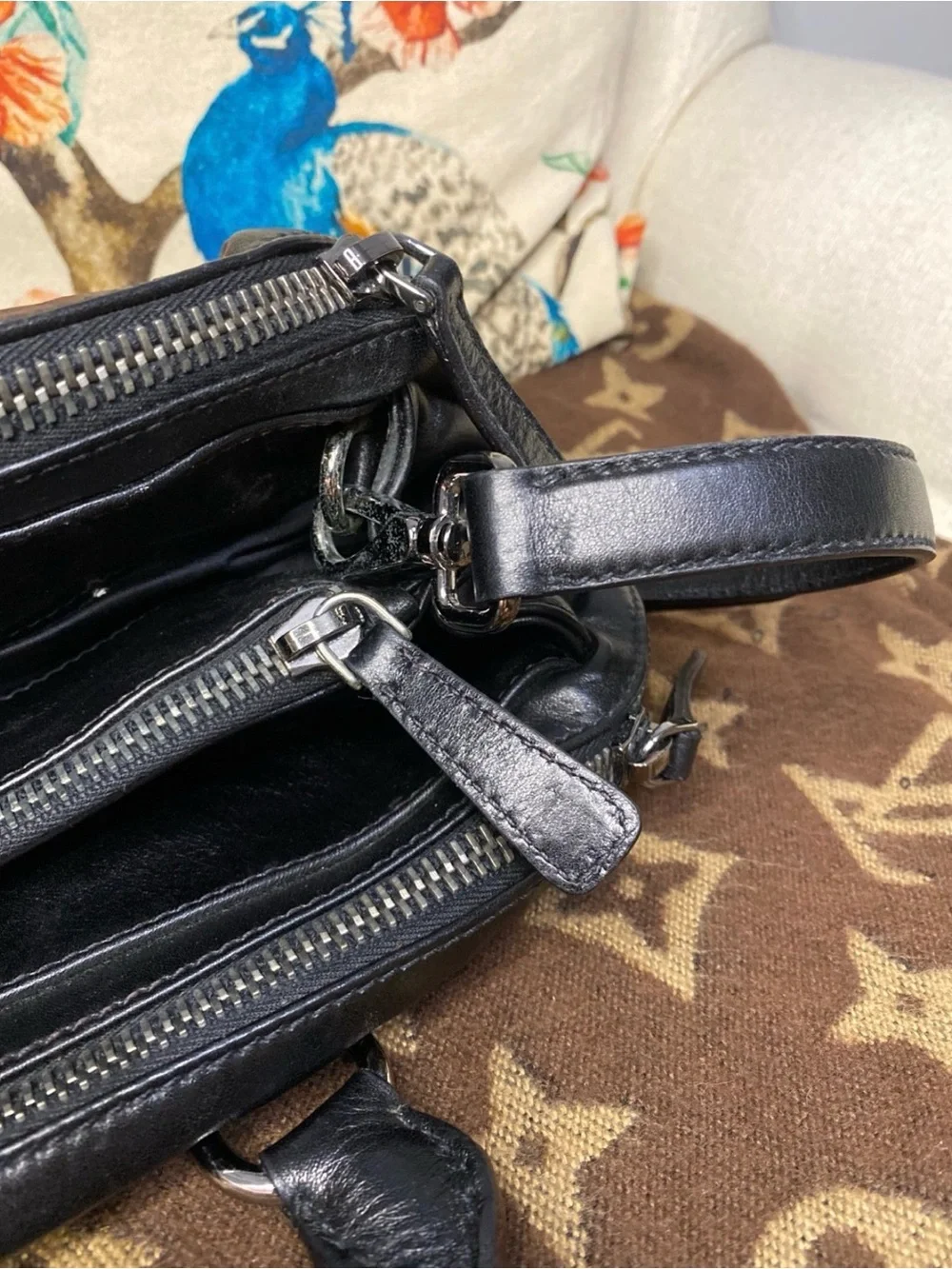Miu Miu Triple Zip Black Croc Embossed Patent Leather Satchel